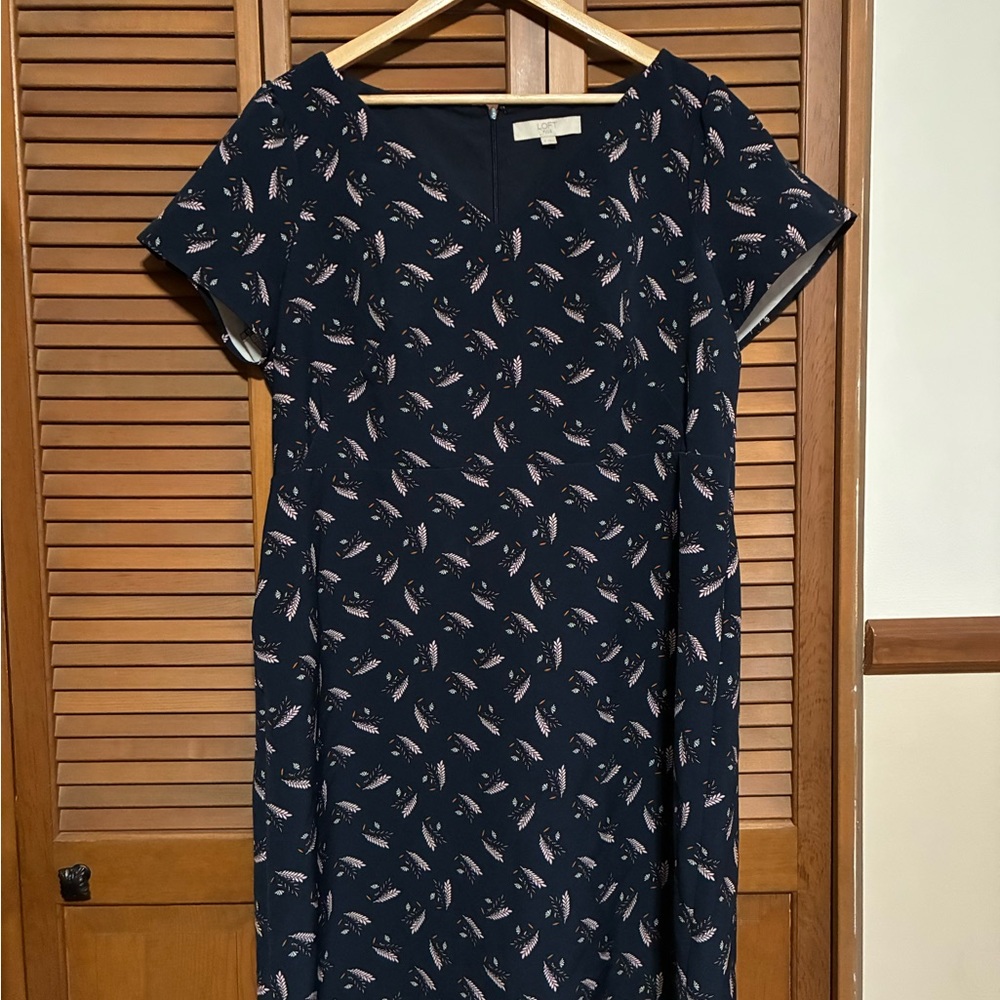 LOFT Dark Blue Leaf Print Midi Dress